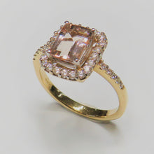 Load image into Gallery viewer, 9ct Yellow Gold Morganite &amp; Diamond Ring with Diamond Set Halo &amp; Shoulders
