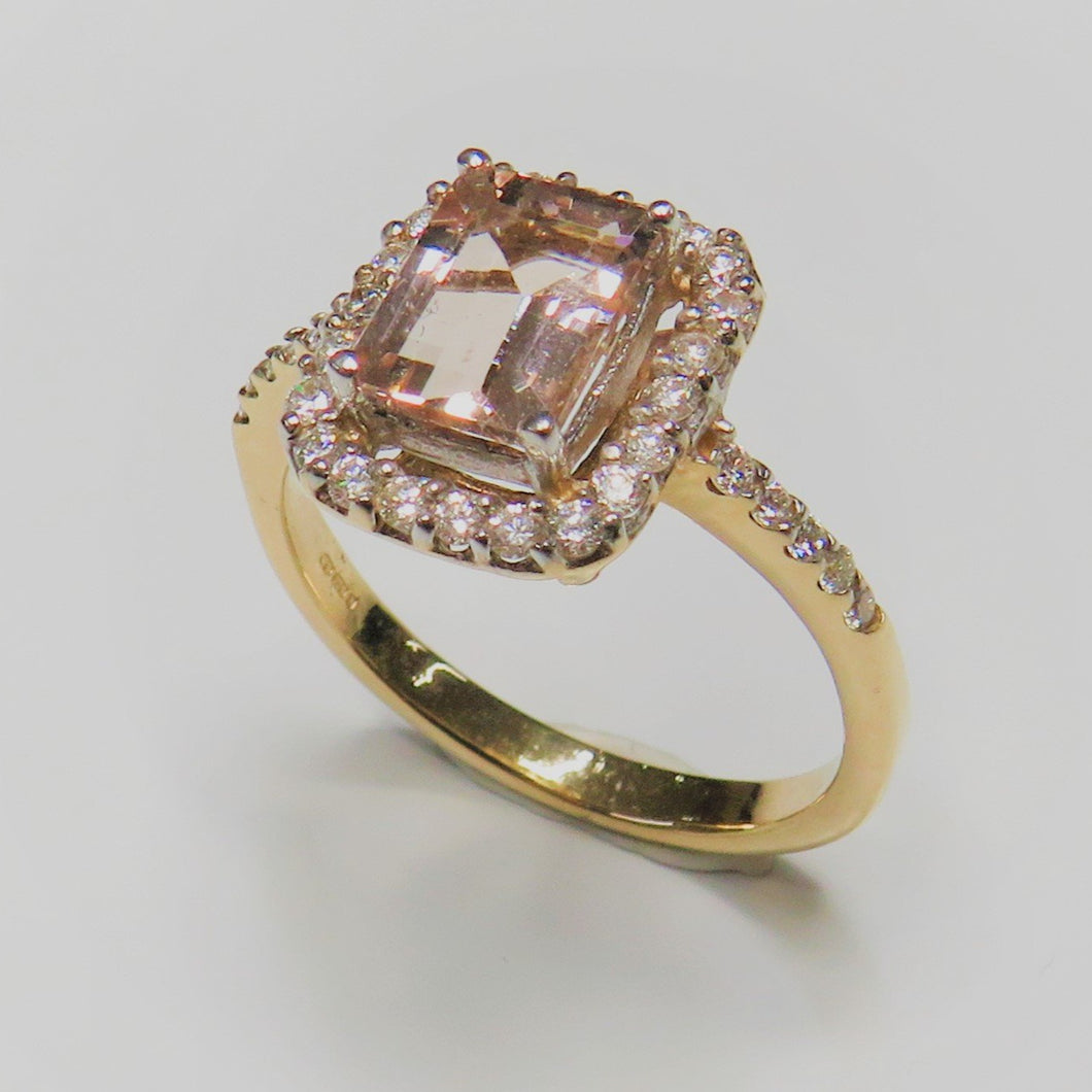 9ct Yellow Gold Morganite & Diamond Ring with Diamond Set Halo & Shoulders