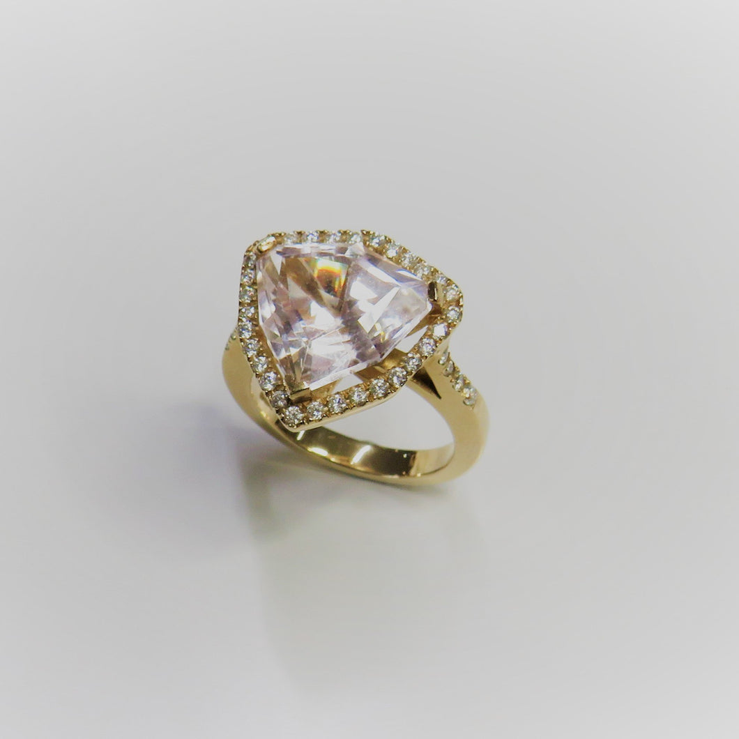 9ct Yellow Gold Kite Shaped Kunzite & Diamond Ring with Diamond Set Halo & Shoulders
