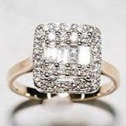Load image into Gallery viewer, 9ct Yellow Gold Diamond Halo Ring Set with Brilliant Cut Diamonds &amp; Baguette Diamonds
