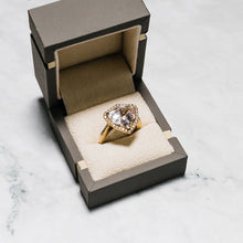 Load image into Gallery viewer, 9ct Yellow Gold Kite Shaped Kunzite &amp; Diamond Ring with Diamond Set Halo &amp; Shoulders
